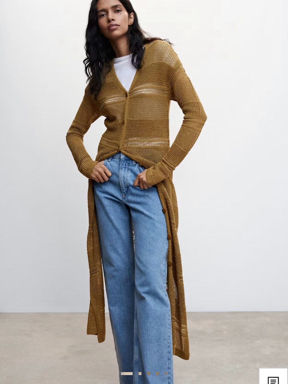 Mango Open-Knit V-Neck Cardigan in Mustard Yellow